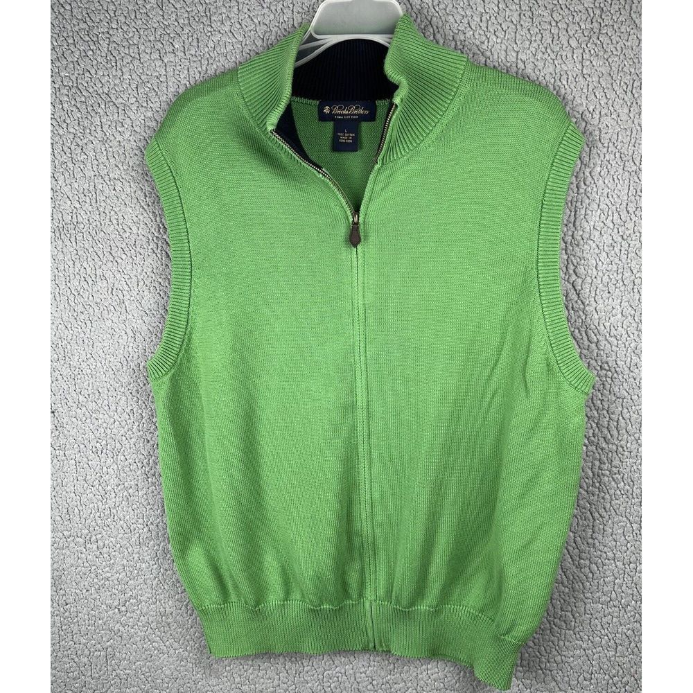 Brooks‎ Brothers Sweater Vest Mens Large Green Knit Casual Full Zip Pima Cotton